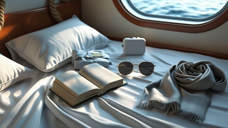 Objetos pessoais esquecidos em uma cabine de cruzeiro após o desembarque..