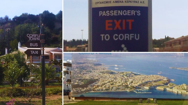 Montagem com diferentes ângulos do porto de Corfu destacando o cais principal, a área de desembarque