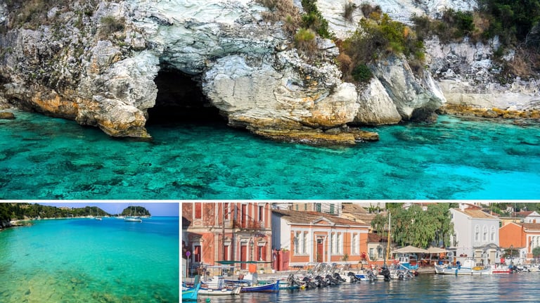 Passeio de barco pelas Grutas Azuis e pela ilha de Paxos, com destaque para as formações rochosas.