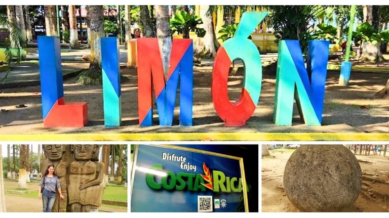 Autora explorando a praça histórica no centro de Limón, Costa Rica, com estátuas e áreas verdes
