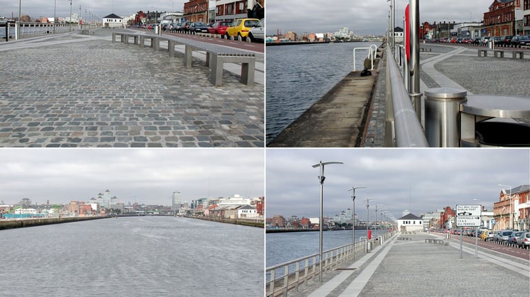 Quatro ângulos distintos do porto de Dublin, revelando detalhes da infraestrutura portuária.