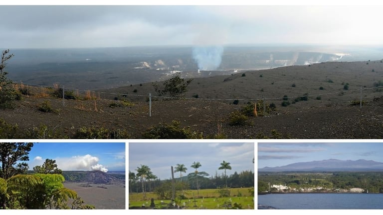 Paisagem do Parque Nacional dos Vulcões em Hilo, mostrando áreas vulcânicas e trilhas
