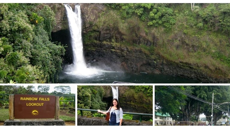Autora visitando a Rainbow Falls em Hilo, admirando a cachoeira e a vegetação tropical ao redor