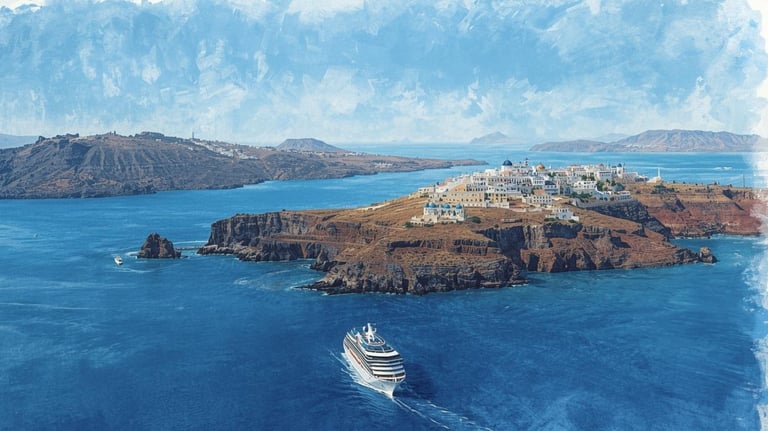 Vista panorâmica do Mar Egeu com ilhas gregas e um navio de cruzeiro navegando entre elas.