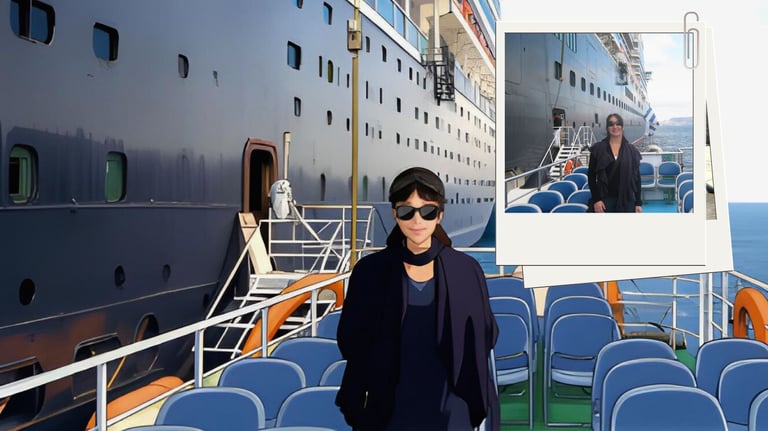 Autora em tender próximo a navio em Santorini, com o Mar Egeu ao fundo, mostrado em versão cartoon com display da foto 