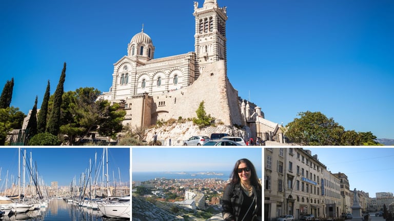 Colagem de Marselha mostrando a basílica Notre-Dame de la Garde, o Vieux-Port e o centro histórico da cidade.