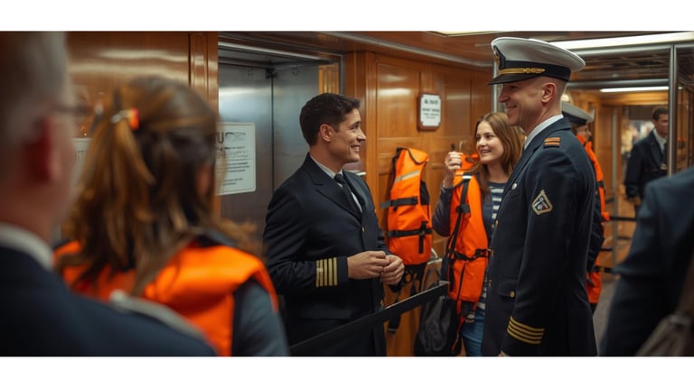 Oficiais do navio aguardando o início do drill de segurança