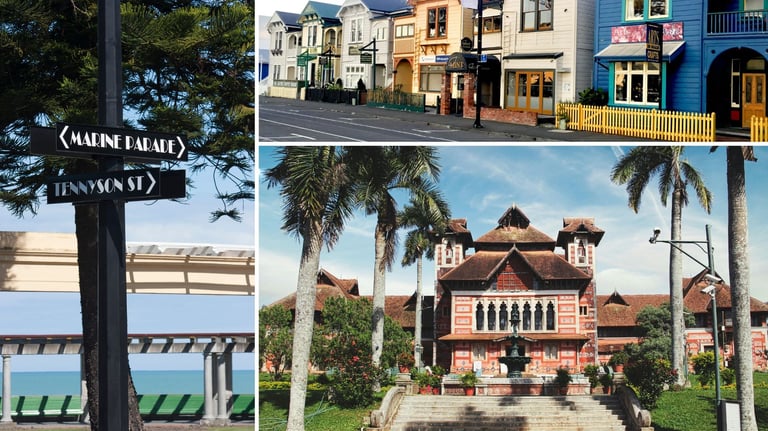 Colagem de fotos dos arredores de Napier mostrando ruas charmosas, bairros históricos e arquitetura Art Déco.
