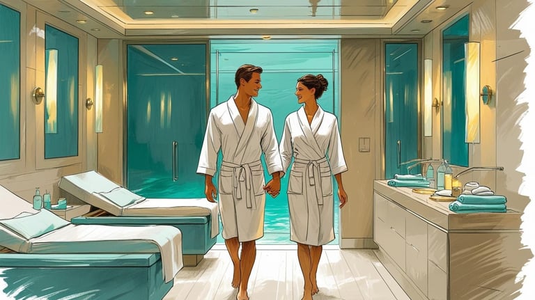 Casal relaxando no spa de um navio de cruzeiro, utilizando o OBC para tratamentos de bem-estar.