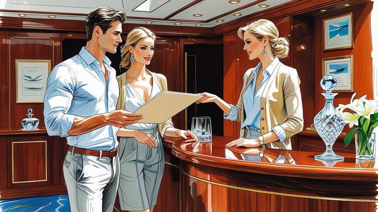 Casal planejando como usar o Onboard Credit (OBC) no balcão de recepção do navio.