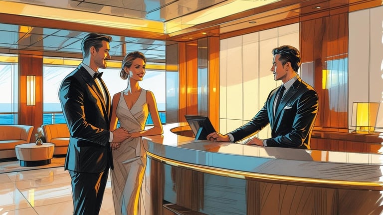 Casal na recepção de um navio entendendo como funciona o Onboard Credit (OBC) e seus benefícios a bordo.