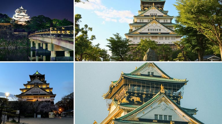 Castelo de Osaka em destaque, com vistas deslumbrantes durante o dia e à noite