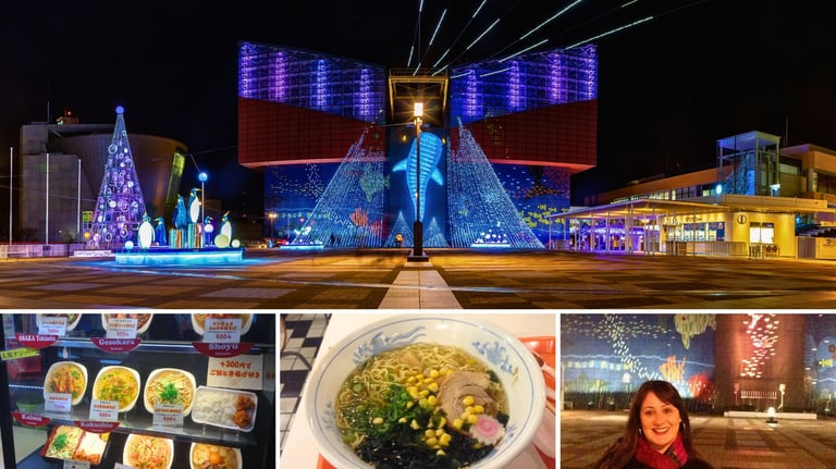 Noite em Osaka: movimentação urbana, restaurantes e o aquário ao fundo