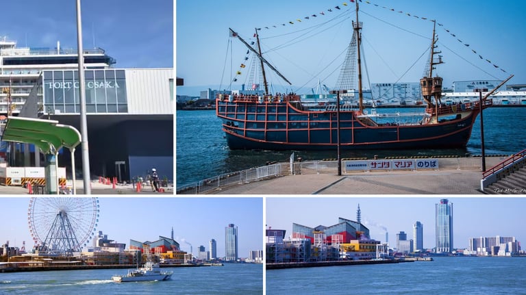 Ângulos do porto de Osaka mostrando cais, navios e movimentação marítima