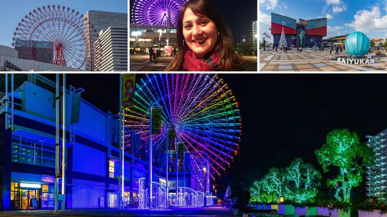 Harbour Village no porto de Osaka com a roda-gigante Kyocan visível de dia e à noite