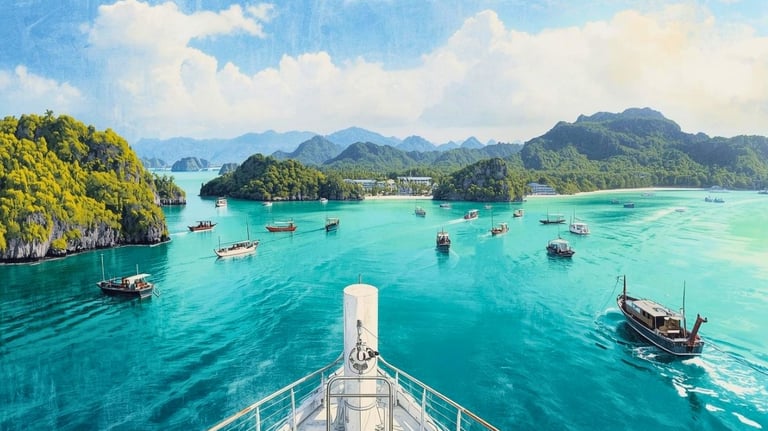Navio de cruzeiro navegando em águas calmas do Mar de Andaman próximo a Phuket.