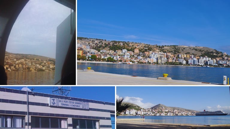 Montagem com registros da chegada do navio, vista panorâmica de Sarandë e detalhes do porto albanês.
