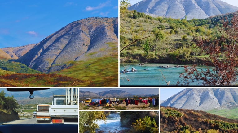 Montagem com seis imagens que ilustram o trajeto entre Sarandë e o Blue Eye: estradas cênicas.