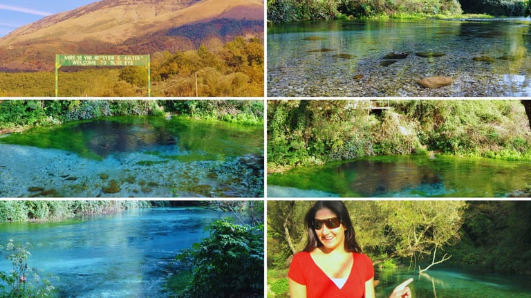 Montagem com seis fotos no parque do Blue Eye, com trilhas, natureza e a autora junto à nascente.