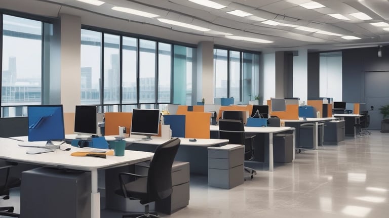 A clean office space with modern furniture and bright lighting.