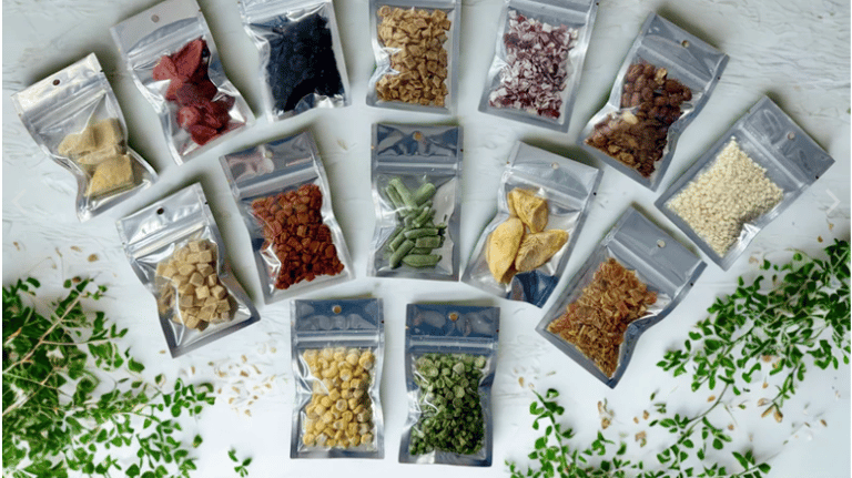 Sample pouches of Ready Harvest Freeze Dried Food