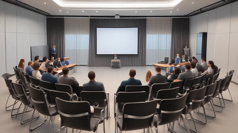 A professional consultation setting with a medical professional sitting at a desk facing a client. The room has a modern aesthetic with white walls decorated with framed certificates. The desk is organized with office supplies, a laptop, and a fruit bowl in the center.