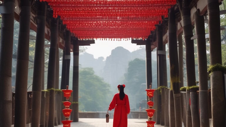 a man in a red robe walking through a large building