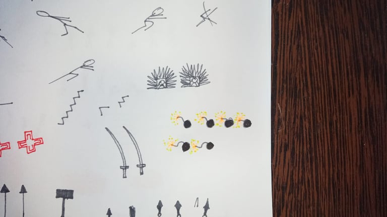 Foto original de una hoja dibujada para obtener los sprites de Jumpage