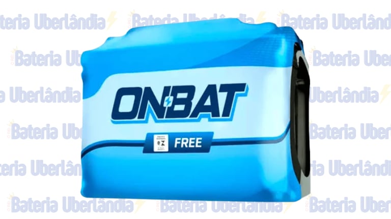 Bateria Onbat azul, com o selo 'FREE' escrito, sobre fundo com o texto "Bateria Uberlândia".