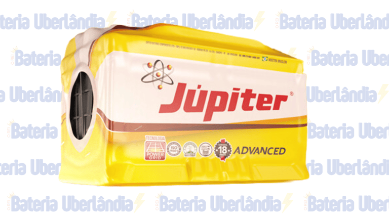Bateria Jupiter amarela, sobre fundo com o texto "Bateria Uberlândia".