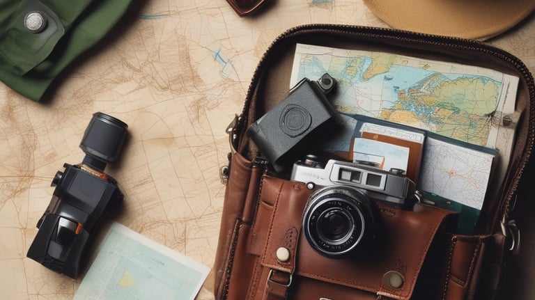 a camera and a hat on a map