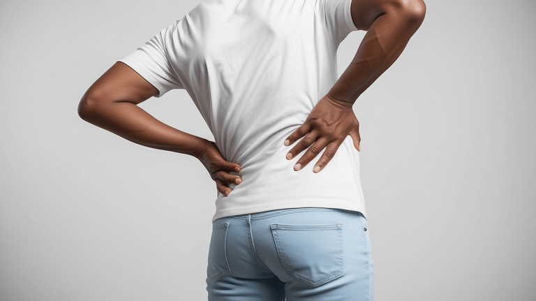 Person holding lower back and leaning one way showing back pain.