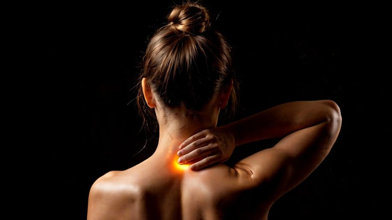 Glowing back of neck with woman touching the area indicating neck pain.