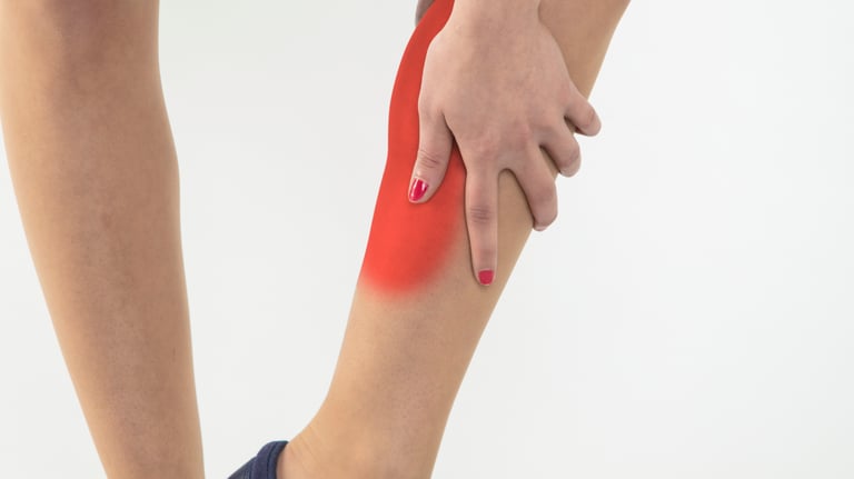 A red hotspot on the back and inside calf muscle showing pain such as from shin splints.