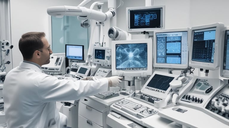 A professional consultation setting with a medical professional sitting at a desk facing a client. The room has a modern aesthetic with white walls decorated with framed certificates. The desk is organized with office supplies, a laptop, and a fruit bowl in the center.