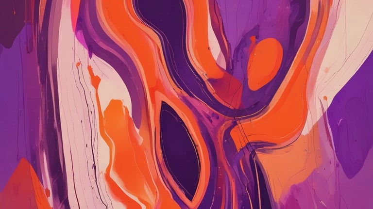 Abstract flowing shapes in deep purple and orange.