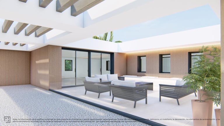 a patio with a couch and chairs and a potted plant