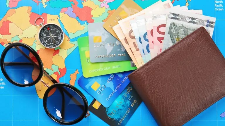 Wallet with euro bills, credit cards, compass, and sunglasses on a colorful world map for travel budget planning.