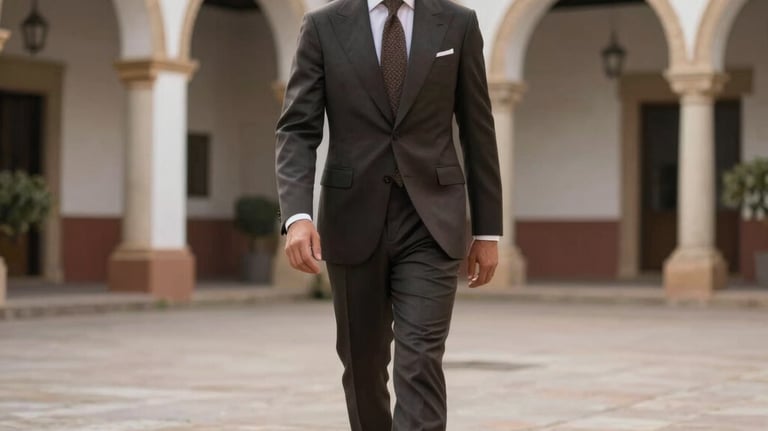 A man in a traditional morning suit walking in a historic Spanish courtyard, soft natural morning light, European / Spanish tailoring.
