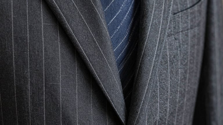 Close-up of pinstripe fabric on a bespoke suit, showing the hand-stitched lapel detail, luxurious texture, dark grey and white threads, European / Spanish.