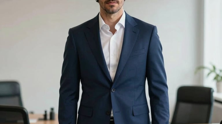 Full portrait of a man in a navy blue tailored executive suit, standing in a minimalist office in Madrid, soft natural light, European / Spanish.