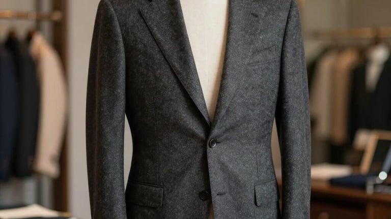 Medium shot of a charcoal grey oxford textured suit jacket on a wooden mannequin, soft side lighting, elegant atelier background, European / Spanish.
