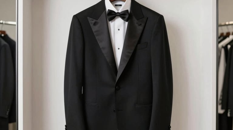 Cinematic shot of a classic black tuxedo with silk lapels, hanging in a bright dressing room with minimalist white walls, European / Spanish style.