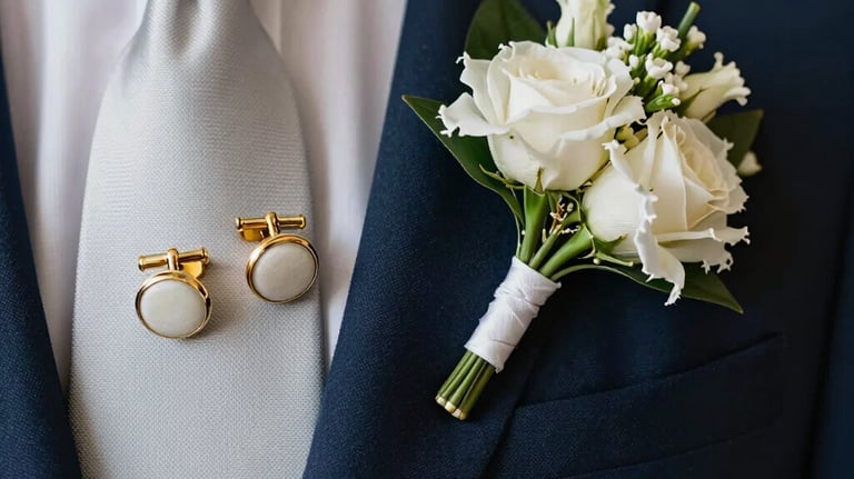 Close-up of elegant wedding accessories: a silk tie, gold cufflinks, and a boutonniere on a tailored navy suit jacket, European / Spanish.