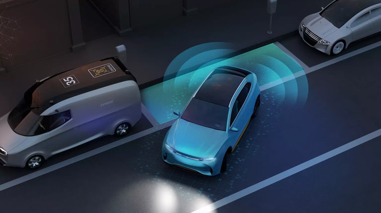 Car using reversing camera and parking sensors with visual radar detection lines.