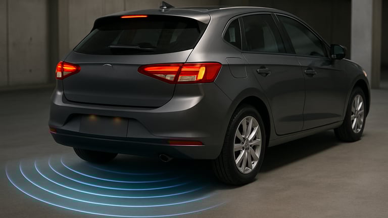 Rear parking sensors detecting obstacle behind silver hatchback car during reverse.