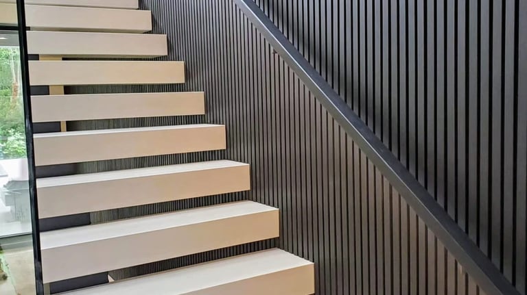 Modern floating staircase design with vertical slat wall feature in a luxury Vancouver home