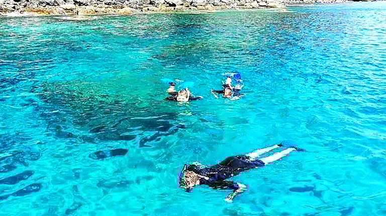 roup snorkeling in crystal clear turquoise water along the rocky volcanic coastline of Ponta de São Lourenço, Madeira