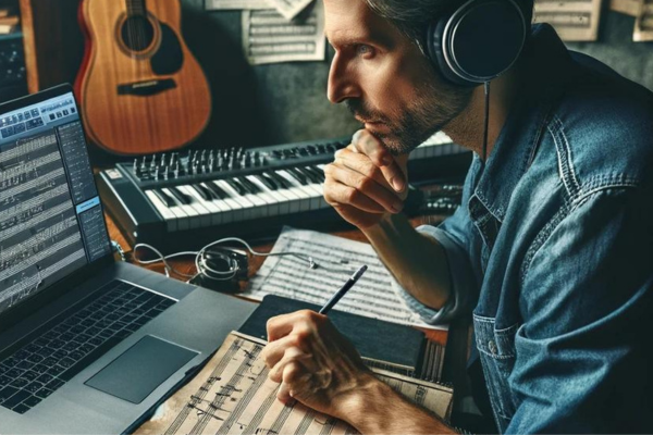 a man in headphones and headphones is sitting at a desk with a laptop
