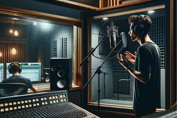 a man in a recording studio with a microphone and a microphone